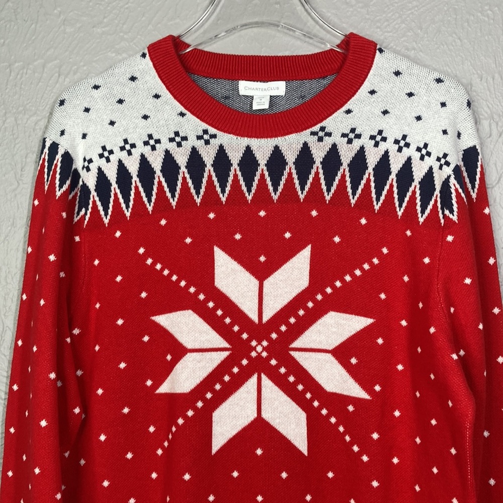 CHARTER CLUB Mens Red Patterned Crew Neck Cotton Blend Pullover Sweater … - Picture 5 of 9